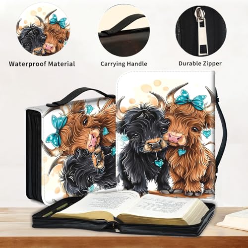 Bible Cover for Women Large PU Leather Zippered Bible Case with Handle and Cute Cow Design, Christian Bible Cover for Girls & Women, Cover Fits Standard 9.5"x7.5"x2.3" Bible - color: Cute Cow