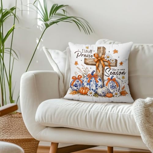 Fall Chinoiserie Pumpkin Christian Cross Throw Pillow Covers 18x18 - color: Pumpkin-1