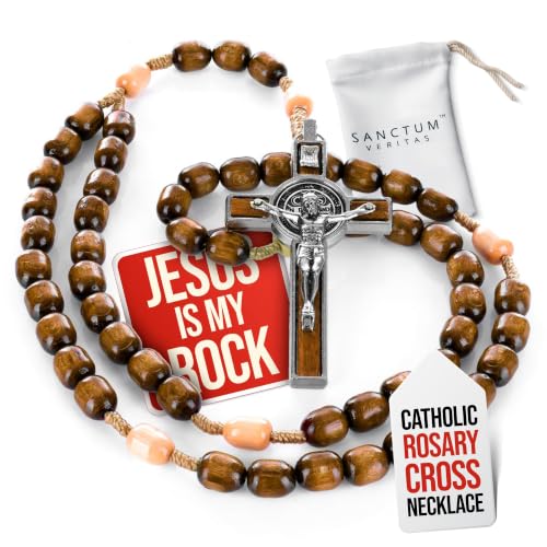 SANCTUM VERITAS Catholic Rosary Necklace | Large Italian Prayer Beads Gift - style: Mahogany Wood