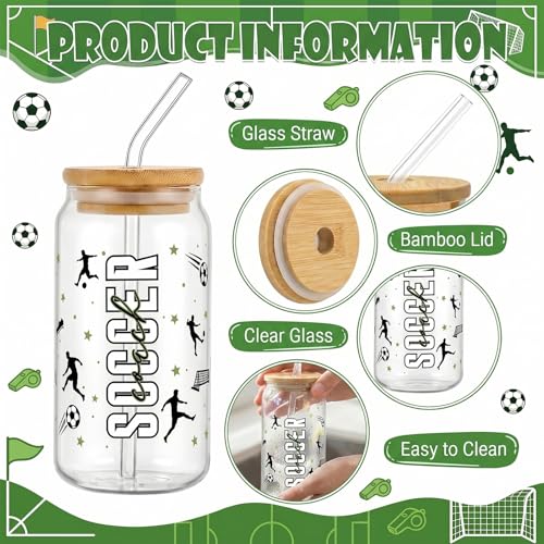 Glass Cups with Lids and Straws, 4Pack, 16oz, Soccer Football - color: Soccer