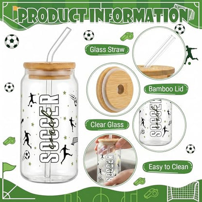 Glass Cups with Lids and Straws, 4Pack, 16oz, Soccer Football - color: Soccer