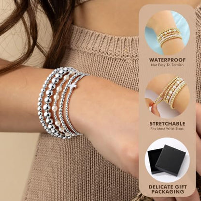 Yoosteel Gold Beaded Bracelets for Women Teen Girls, Gold Plated Jewelry - color: "Silver beaded bracelets - 5pcs