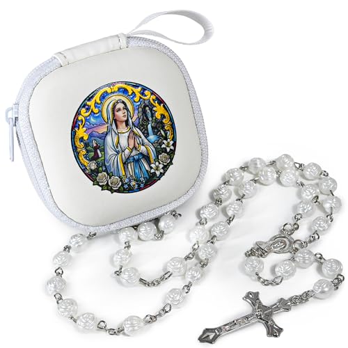 Handmade Rosary Beads for Women, Elegant Catholic Gifts for First Communion, Confirmation & Spiritual Prayer, Unique Beaded Rosary Necklace with Zippered Case - color: White - Our Lady of Lourdes
