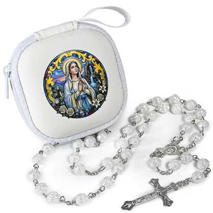 Handmade Rosary Beads for Women, Elegant Catholic Gifts for First Communion, Confirmation & Spiritual Prayer, Unique Beaded Rosary Necklace with Zippered Case - color: White - Our Lady of Lourdes