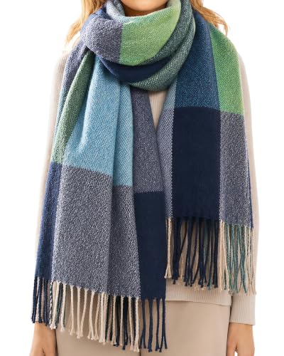 Loritta Winter Scarf for Women, Long Plaid Shawl Wraps Scarves Gifts - color: J-green Water Blue Plaid