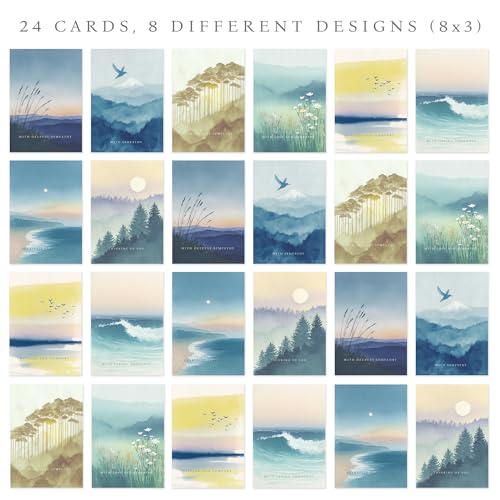 Hat Acrobat 24 Sympathy Cards with Envelopes - 8 Unique Watercolor Landscape Designs (3 of Each) - Condolence Bereavement Cards Bulk with Heartfelt Messages Inside - color: Watercolor Landscape