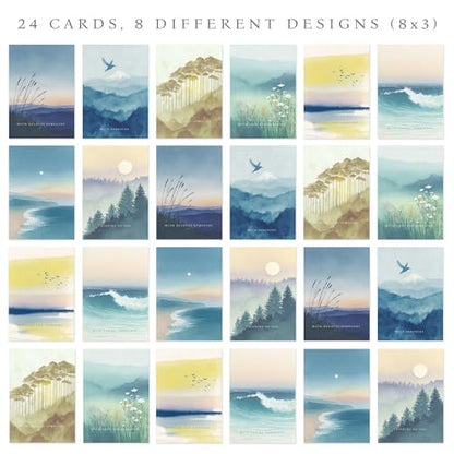 Hat Acrobat 24 Sympathy Cards with Envelopes - 8 Unique Watercolor Landscape Designs (3 of Each) - Condolence Bereavement Cards Bulk with Heartfelt Messages Inside - color: Watercolor Landscape