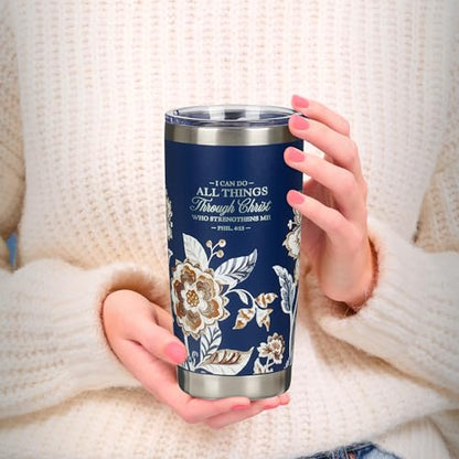 Christian Art Gifts Stainless Steel Scripture Tumbler Travel Mug for Women - color: Navy/Through Christ
