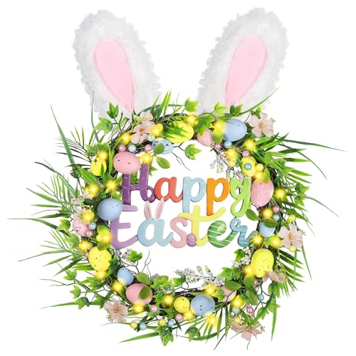 22 Inch Easter Egg Wreath for Front Door Bunny Ear & Happy Easter Sign Decor Wreath for Porch Window Indoor Outdoor Easter Holiday Wreath - color: Easter Rabbit Wreath