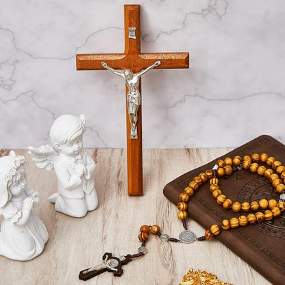 Leinuosen 4 Set Handmade Crucifix Wall Cross and Wooden Rosary Beads Jesus Cross Hanging Wood Rosary for Home Wall Pectoral Pendant Necklace Gifts Decor 7.87 Inch