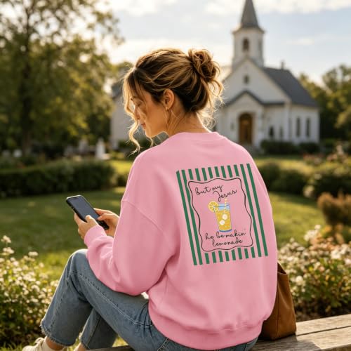 BINTEHGS Christian Sweatshirts For Women My Jesus Making Lemonade Graphic Faith Crewneck Pullover Religious Long Sleeve Shirt - color: Pink, size: X-Large