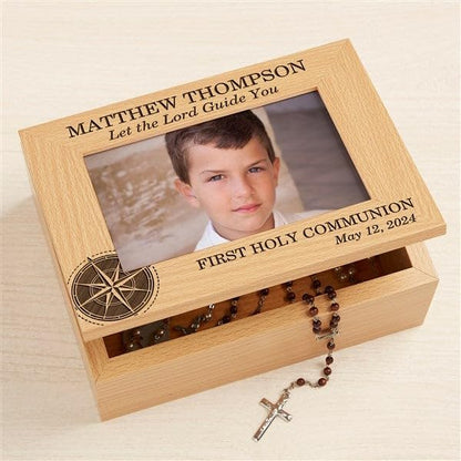 Personalization Universe Personalized First Communion Compass and Photo Keepsake Box - Customizable Storage for Religious Mementos, Perfect for Jewelry and Trinkets, First Communion Gift for Boys