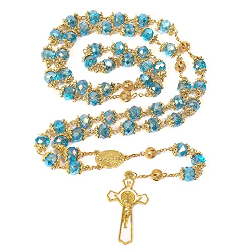 Nazareth Store St. Benedict Deep Blue Crystal Beads Rosary Prayer Necklace Golden Miraculous Medal & Gold Enamel Cross - color: Blue