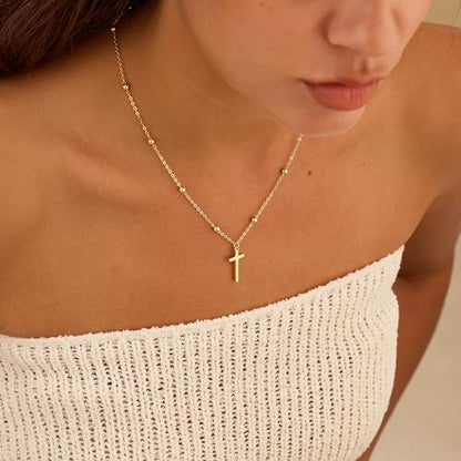 Cross Necklace for Women, Dainty 14K Gold Plated Cross Pendant Simple Long Necklaces for Women, Christian Faith Necklace Trendy Gold Jewelry Gifts for Easter - color: gold bead cross necklace