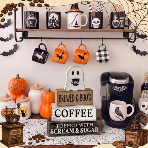 Lineshading 4 Pcs Halloween Ghost Blocks, Wooden Coffee Farmhouse Decor - style: Brewed & Boo'd Coffee