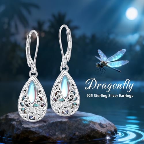 Vito Moonstone Turquoise Drop Earrings for Women, 925 Sterling Silver Hooks - style: Dragonfly
