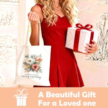 Christian Canvas Tote Bag for Women, Inspirational Faith Shoulder Bag - color: Mercies