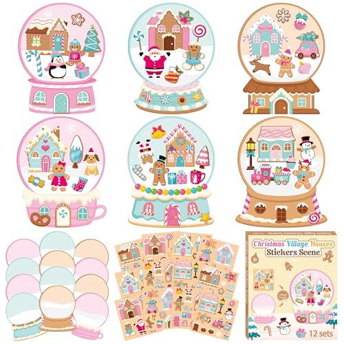 CY2SIDE Christmas Snow Globe House Stickers - 12 Set Christmas Pink Gingerbread Candy House Scene Stickers for School Reward, DIY Crystal Ball Sticker Xmas Winter Party Supplies - style: Christmas crystal ball