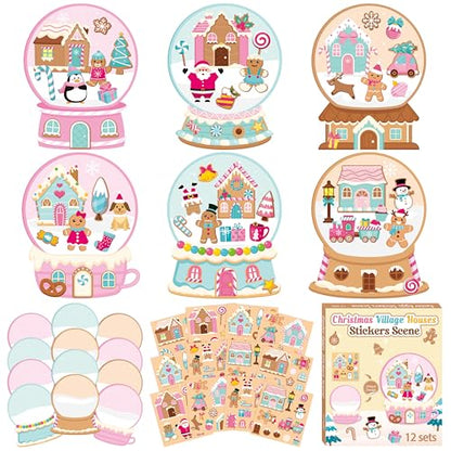 CY2SIDE Christmas Snow Globe House Stickers - 12 Set Christmas Pink Gingerbread Candy House Scene Stickers for School Reward, DIY Crystal Ball Sticker Xmas Winter Party Supplies - style: Christmas crystal ball
