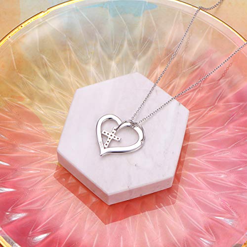 S925 Sterling Silver Christian Cross Heart Faith Bible Verse Necklace Rings - style: God is within her she will not fall