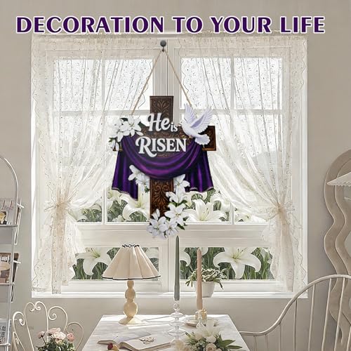 14.6 Inches Easter Door Sign He Is Risen Hanging Decor Religious Cross Sign Easter Wreaths for Front Door Christian Lily Flowers Lent Hanging Hanger for Farmhouse Front Porch
