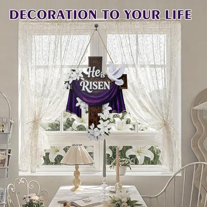 14.6 Inches Easter Door Sign He Is Risen Hanging Decor Religious Cross Sign Easter Wreaths for Front Door Christian Lily Flowers Lent Hanging Hanger for Farmhouse Front Porch