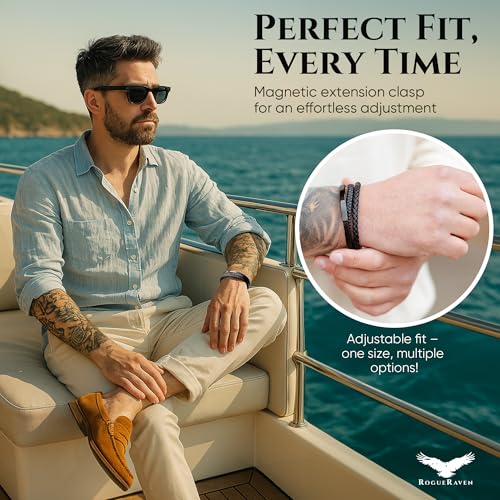 RogueRaven Black Leather Bracelet for Men – Premium Collection – Brown Black Gold Silver | Genuine Leather Mens Bracelet with Stainless Steel Clasp [Adjustable] | In Luxury Gift Box - color: black black