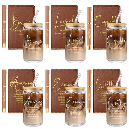 AmazingSpark 18 Pcs Christian Gifts Bulk Glass Cups Prayer Journals Pens - color: Brown, size: Bible Words