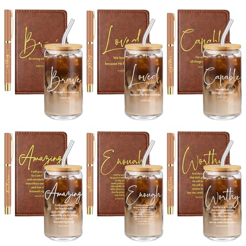 AmazingSpark 18 Pcs Christian Gifts Bulk Glass Cups Prayer Journals Pens - color: Brown, size: Bible Words