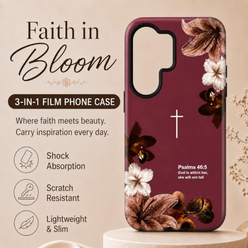 Christian Phone Case Compatible with Samsung Galaxy S26 Plus Floral Bible Verse Psalms 46:5 Protective Hybrid 2-Layer Shell Cover for Women Girls | Religious Faith Gift - Red - color: Red