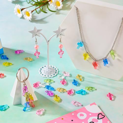 FASHEWELRY 300pcs Clear Acrylic Cross Beads Candy Color Cross Loose Beads Transparent Crosses Spacer Beads Easter Crucifix Loose Beads for Jewelry Making - color: Cross-10 Colors