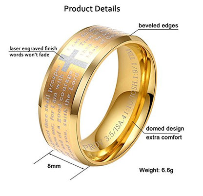 Men's Stainless Steel Bible Verse Christian Lord's Prayer Cross Ring Wedding Bands Engraved Praying - color: Gold