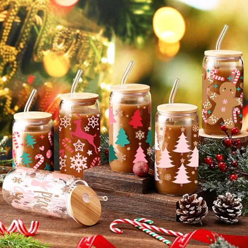 SiliFine 6 Pcs Christmas Glass Cups, 16 oz with Lids and Straws - style: Reindeer