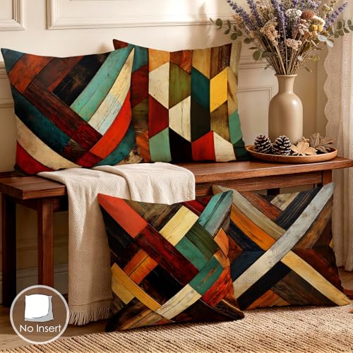 OBSEDE Retro Wood Grain Geometric Throw Pillow Covers 18 x 18 Inch Set of 4 - color: Retro Woodgrain Geometric Art, size: 18" x 18" (Pack of 4)