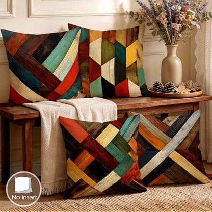 OBSEDE Retro Wood Grain Geometric Throw Pillow Covers 18 x 18 Inch Set of 4 - color: Retro Woodgrain Geometric Art, size: 18" x 18" (Pack of 4)