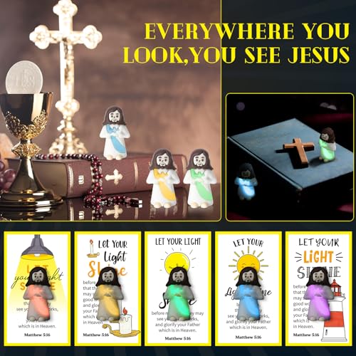 CroBlissful 30 Sets Mini Jesus Figurines Bulk Christian Glow in The Dark with Let Your Light Shine Cards for Christian Sunday School Religious Party Favor Halloween(Holding A Cross) - style: Holding A Cross Style