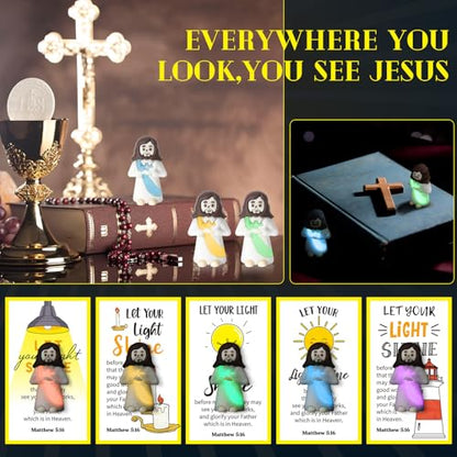 CroBlissful 30 Sets Mini Jesus Figurines Bulk Christian Glow in The Dark with Let Your Light Shine Cards for Christian Sunday School Religious Party Favor Halloween(Holding A Cross) - style: Holding A Cross Style