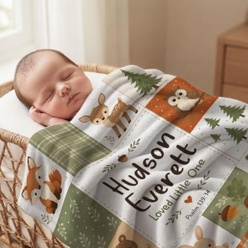 Personalized Woodland Animal Baby Blanket, Custom Forest Baby Blanket - color: White #6