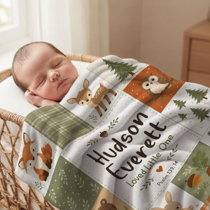 Personalized Woodland Animal Baby Blanket, Custom Forest Baby Blanket - color: White #6