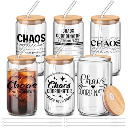 SiliFine Chaos Coordinator Gifts for Women, 6 Pcs Glass Cups with Lids - style: Chaos Coordinator