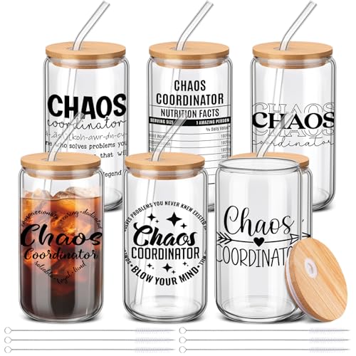 SiliFine Chaos Coordinator Gifts for Women, 6 Pcs Glass Cups with Lids - style: Chaos Coordinator