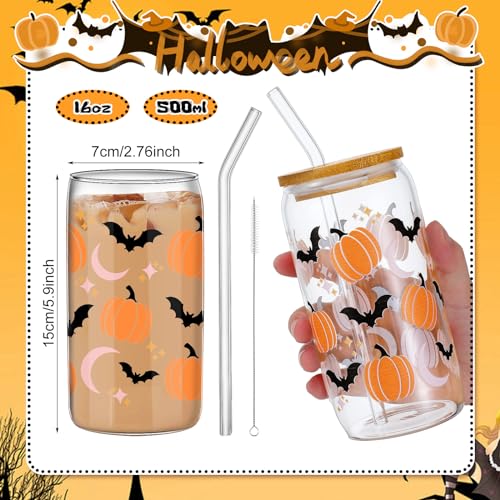 SiliFine 6 Pcs Halloween Glass Cups, 16 oz with Lids and Straws - style: Witch