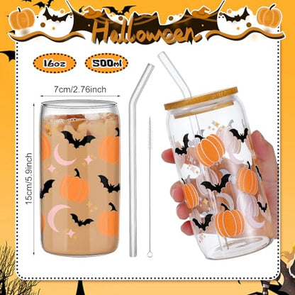 SiliFine 6 Pcs Halloween Glass Cups, 16 oz with Lids and Straws - style: Witch