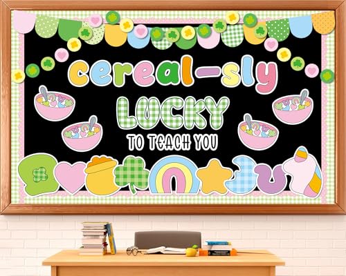 St. Patrick's Day Cereal-Sly Bulletin Board Lucky Shamrock Bulletin Board Decorations Rainbow Gold Coin Paper Cutouts for St. Patrick Party Supplies Home Classroom Chalkboard Wall Door Window Decor - style: St. Patrick's Day