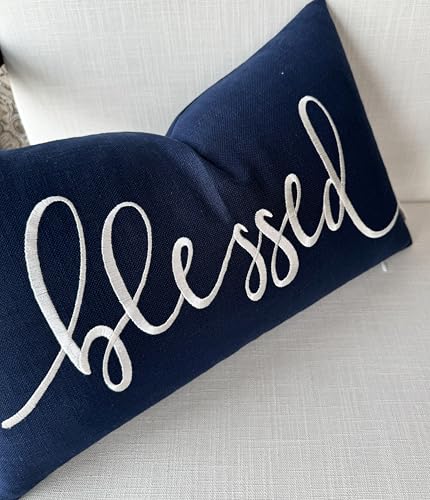 EURASIA DECOR Blessed Embroidered Lumbar Pillow Cover 12x20, Navy Blue - color: Navy Blue