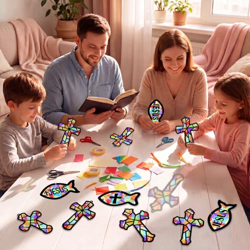 Renbuzhu 48PCS Sunday School VBS Crafts Bulk: Paper Cross Fish Nativity Suncatchers, Jesus Religious Christian Activity DIY Kits Church Decorations, Window Stained Glass Effect Art Supplies - style: jesus fish and cross