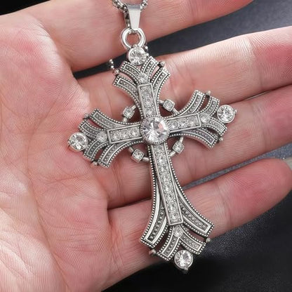 Gold Large Cross Necklace For Women Men Long Zircon Chunky Cross Necklace Retro Gothic Y2K Style Jewelry Statement Surprising Hallowmas Christmas Party Ball Jewelry Accessories Gift - color: silver