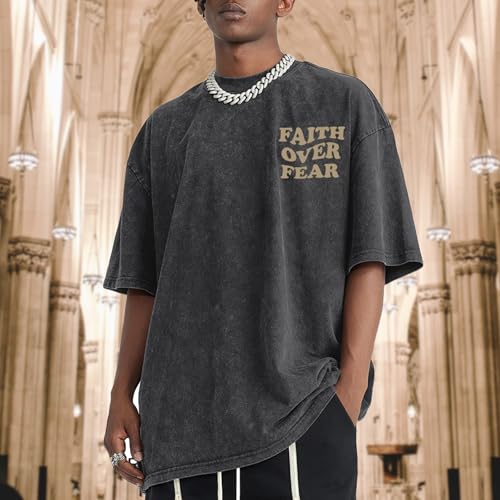 Christian Shirts for Men Faith Over Fear Oversized Tees - color: Black, size: 4X-Large