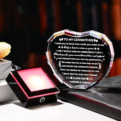 Arikyrist Godmother Gifts from Godchild with Colorful Light Base, Birthday Gift for Godmother Crystal Heart Keepsake, To My Godmothers Gifts from Goddaughter Godson on Mothers Day Christmas - color: Godmother Gifts + Light Base