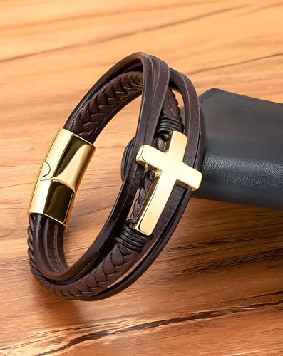 Cross Leather Bracelet for Men, Multi-Layer Braided Mens Religious Cuff Bracelets with Stainless Steel Clasp Anniversary Father's Day Birthday Christmas Jewelry Gifts for Him - color: Gold Clasp & Brown Leather